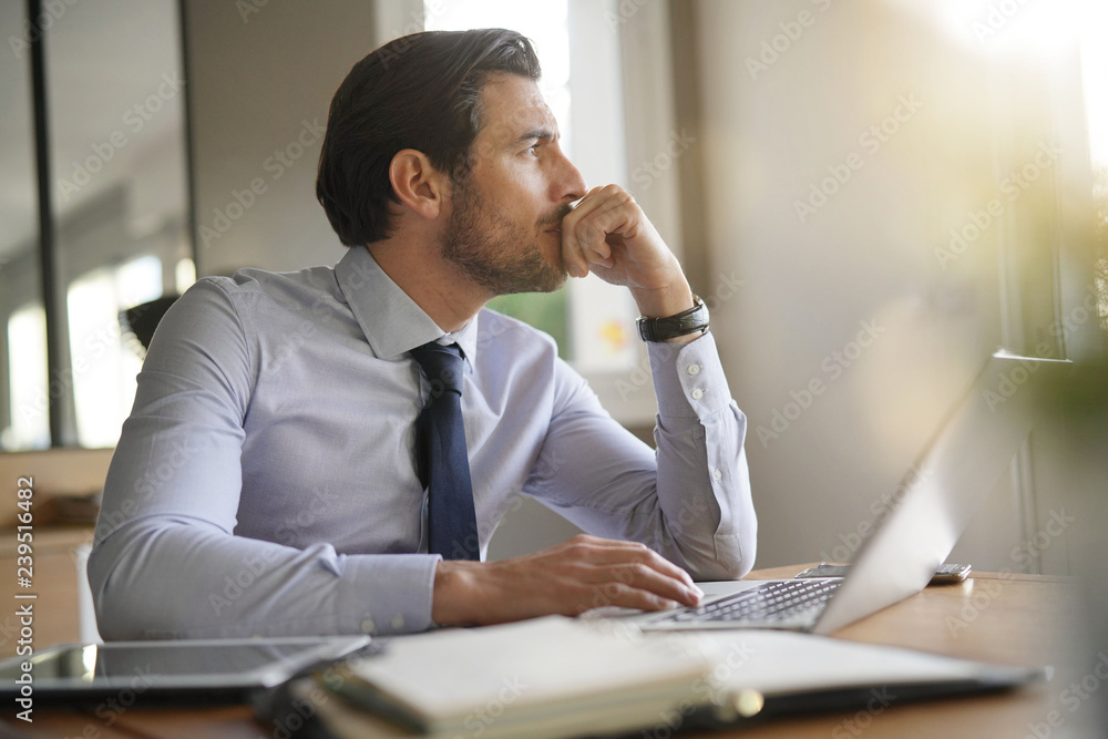 Handsome businessman in modern office looking out