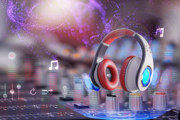 Music of the future. The combination of technology and music of the future. Sound and  Music Promotion on streaming platforms stock pictures, royalty-free photos & images