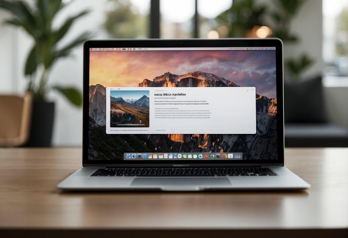 A sleek MacBook displaying the latest macOS update, with various accessibility and collaboration features highlighted on the screen
